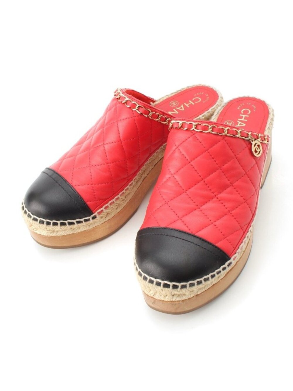 Chanel Quilted Jute Clogs Wood Sole Mules CC Logo Sandals Red Black